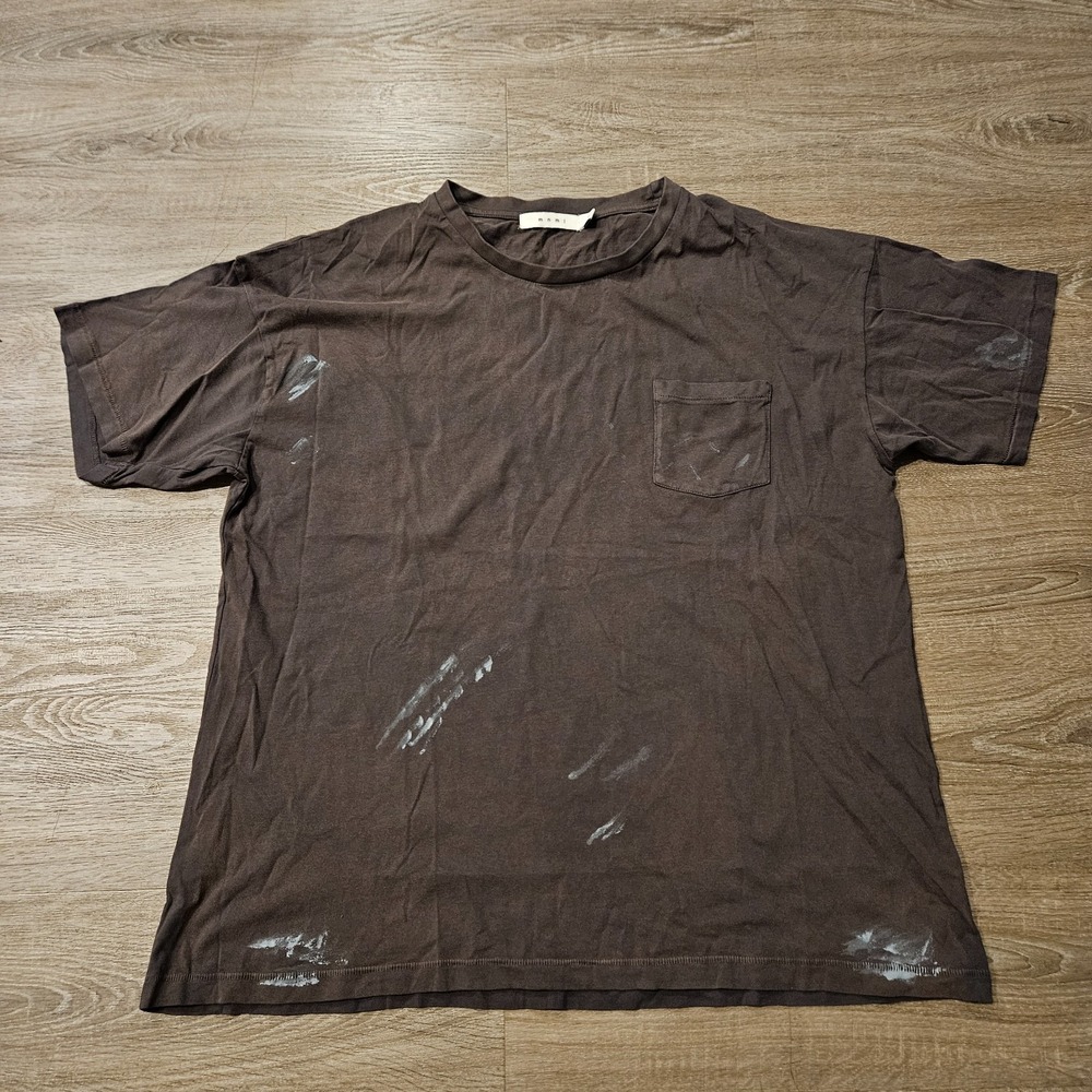 MNML T Shirt Mens Brown Oversized Paint Splatter Distressed Pocket Tee NWOT